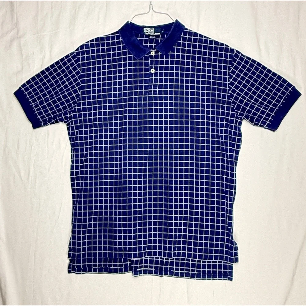 Polo Ralph Lauren Mens Grid Check Polo Shirt Blue White Cotton‎ Size L